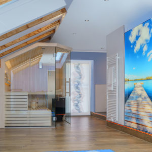 Wellness Oase - Sauna / Glas-Duschwand mit Motiv
